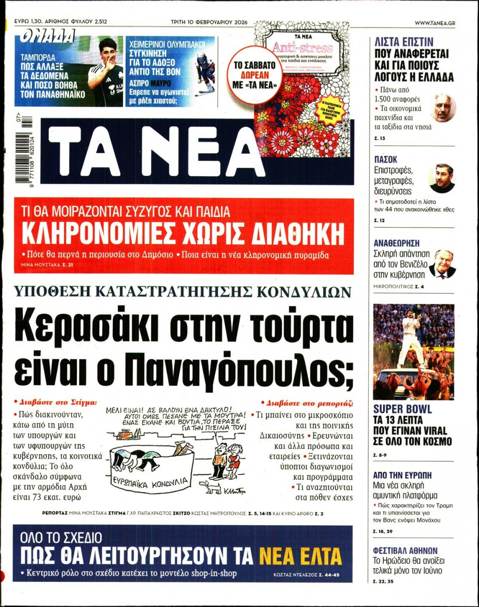 Πρωτοσέλιδο Εφημερίδας - Τα Νέα - 2026-02-10