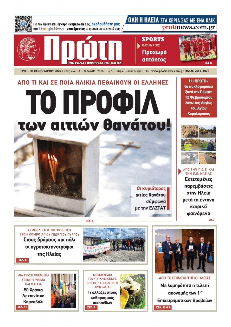 Πρωτοσέλιδο Εφημερίδας - Πρώτη Ηλείας - 2026-02-10