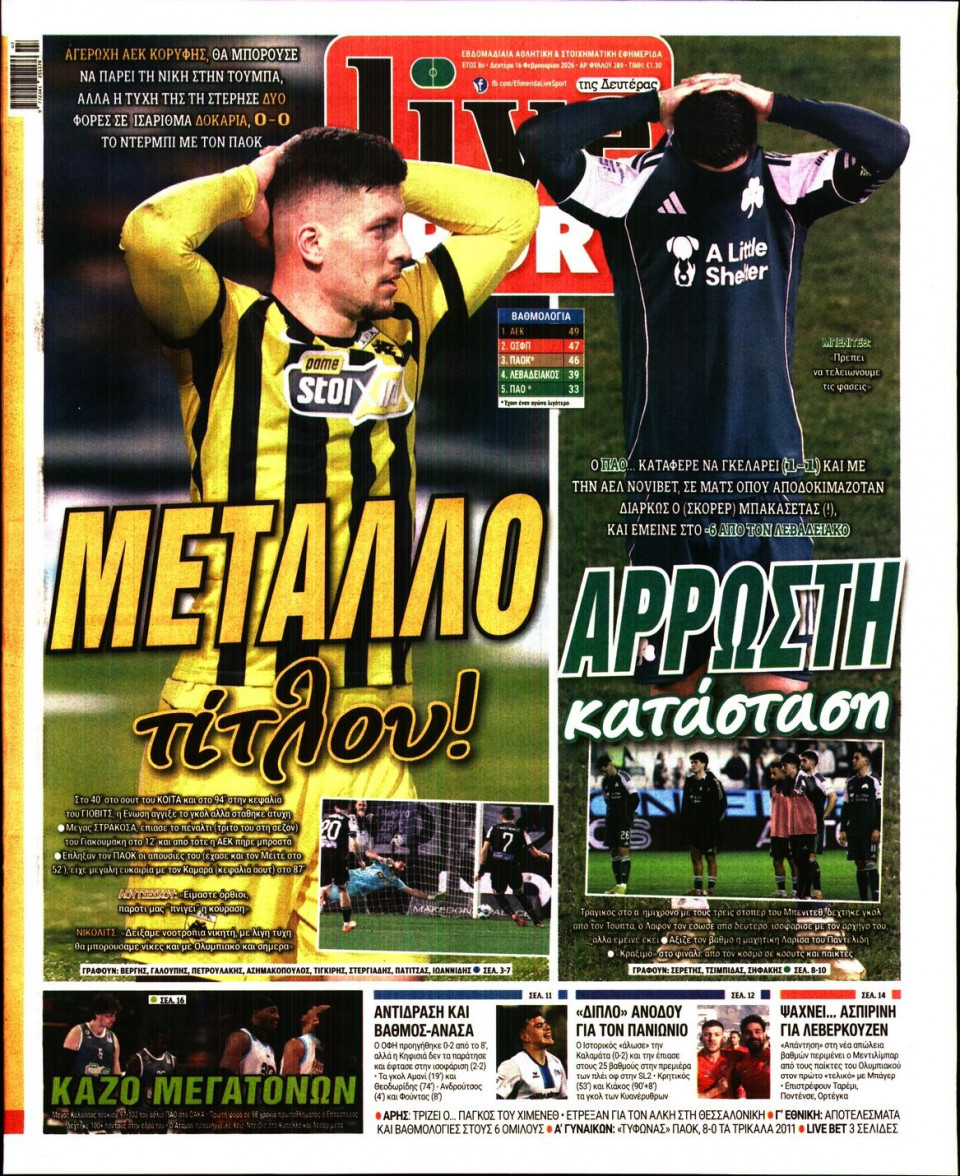 Πρωτοσέλιδο Εφημερίδας - Live Sport - 2026-02-16