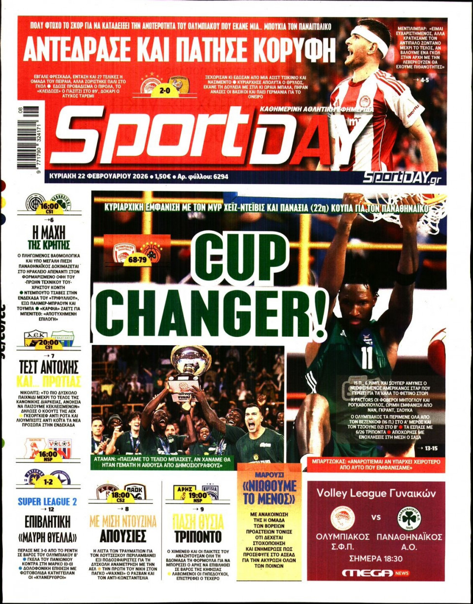 Πρωτοσέλιδο Εφημερίδας - Sportday - 2026-02-22