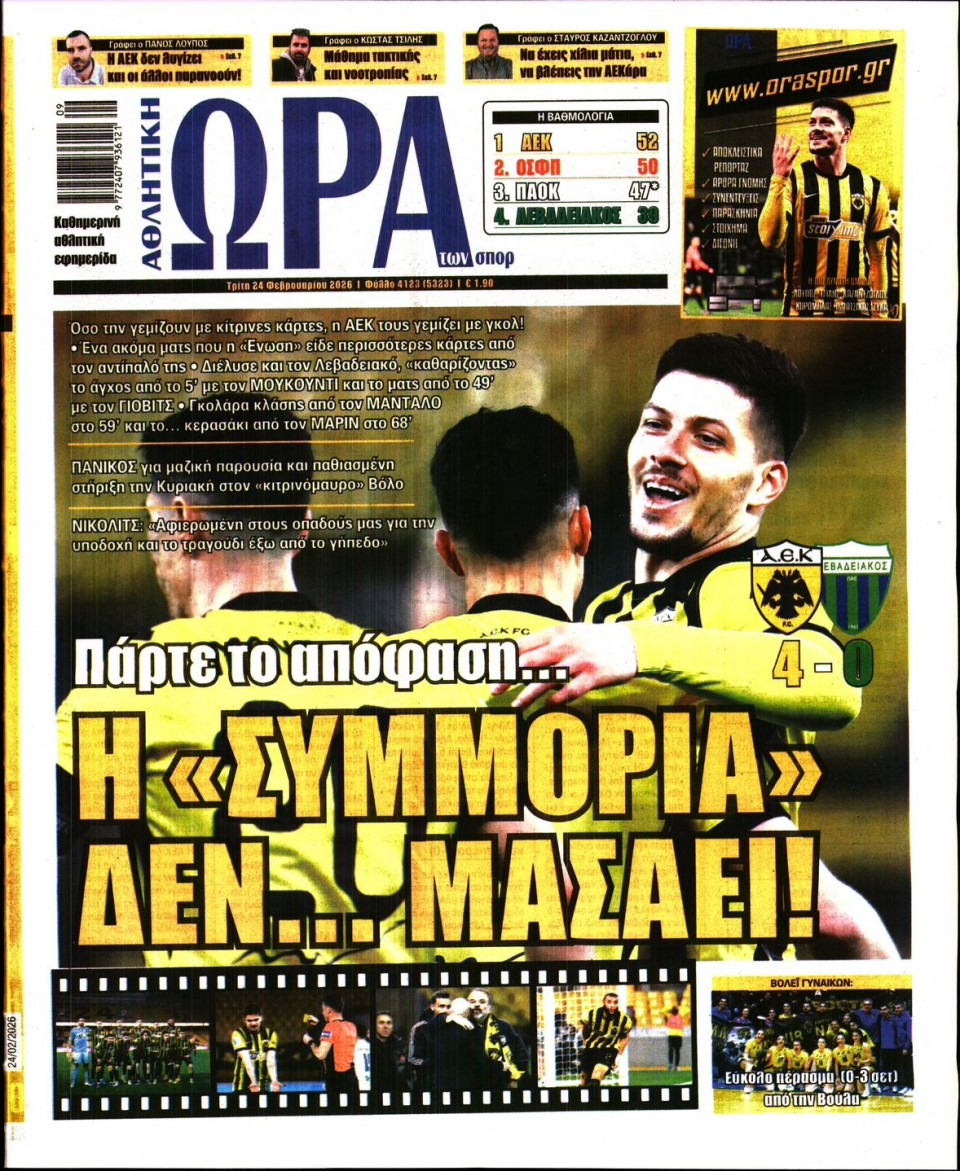 Πρωτοσέλιδο Εφημερίδας - Ώρα για Σπόρ - 2026-02-24
