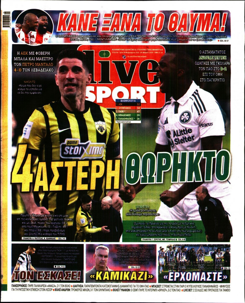 Πρωτοσέλιδο Εφημερίδας - LIVE SPORT - 2026-02-24