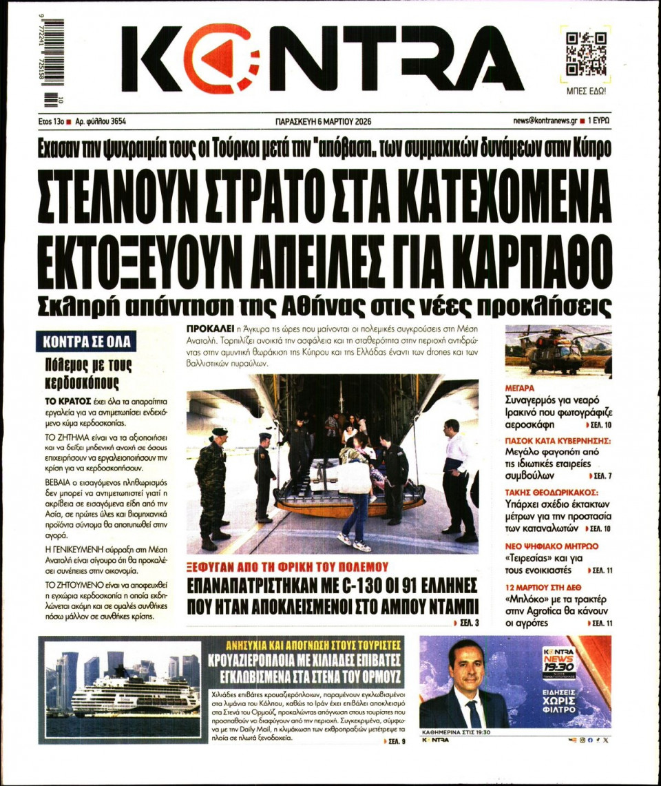 Πρωτοσέλιδο Εφημερίδας - Kontra News - 2026-03-06