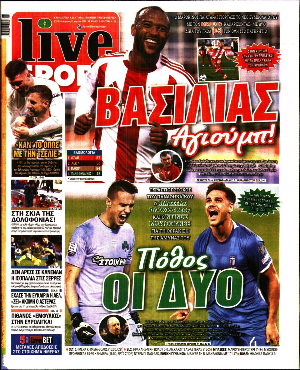 Πρωτοσέλιδο Εφημερίδας - LIVE SPORT ΚΥΡΙΑΚΗΣ - 2026-03-15