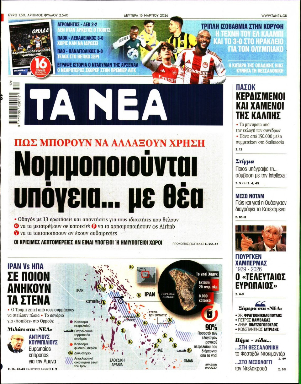Πρωτοσέλιδο Εφημερίδας - Τα Νέα - 2026-03-16