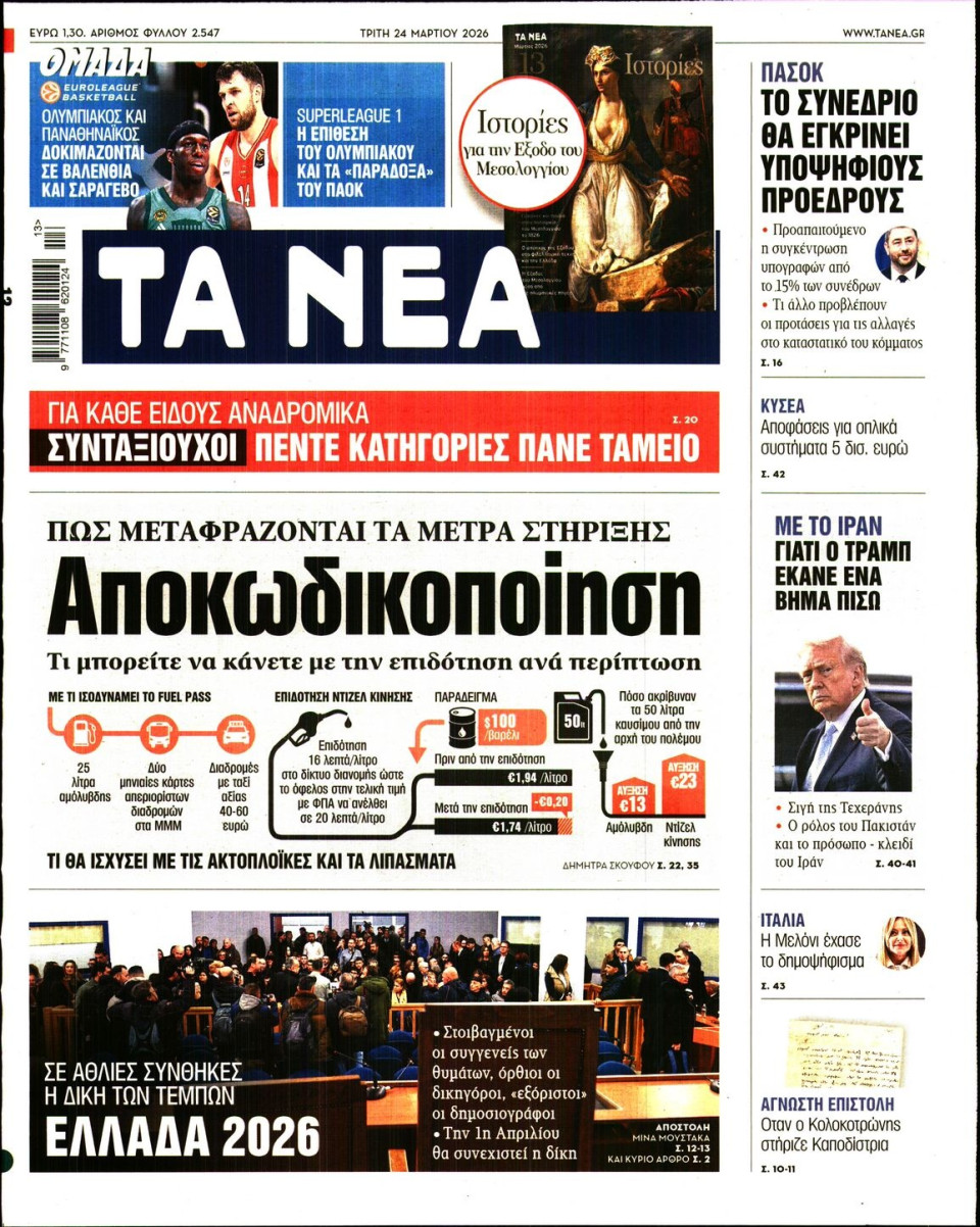 Πρωτοσέλιδο Εφημερίδας - Τα Νέα - 2026-03-24