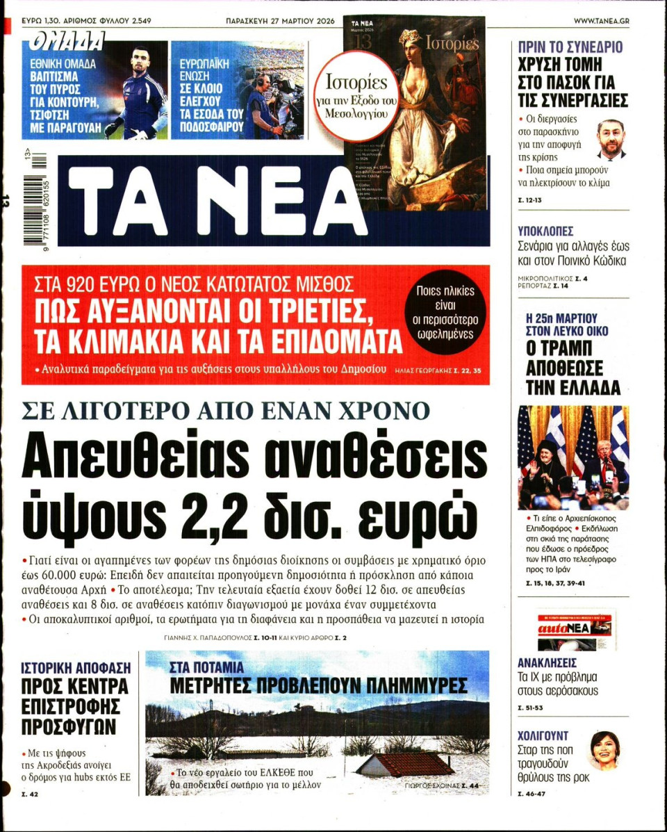 Πρωτοσέλιδο Εφημερίδας - Τα Νέα - 2026-03-27