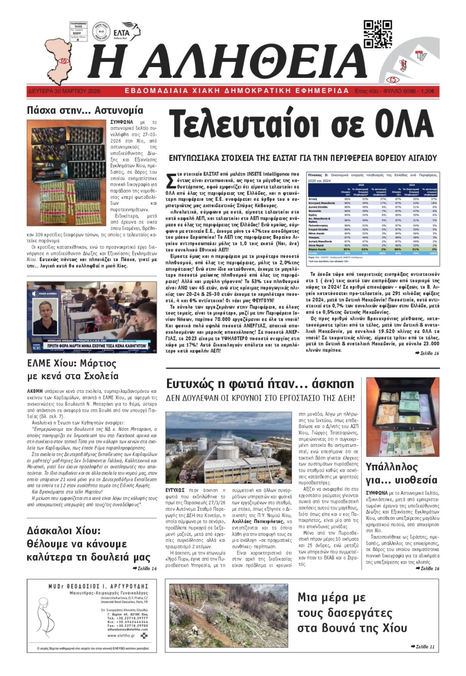Πρωτοσέλιδο Εφημερίδας - Αλήθεια Χίου - 2026-03-30