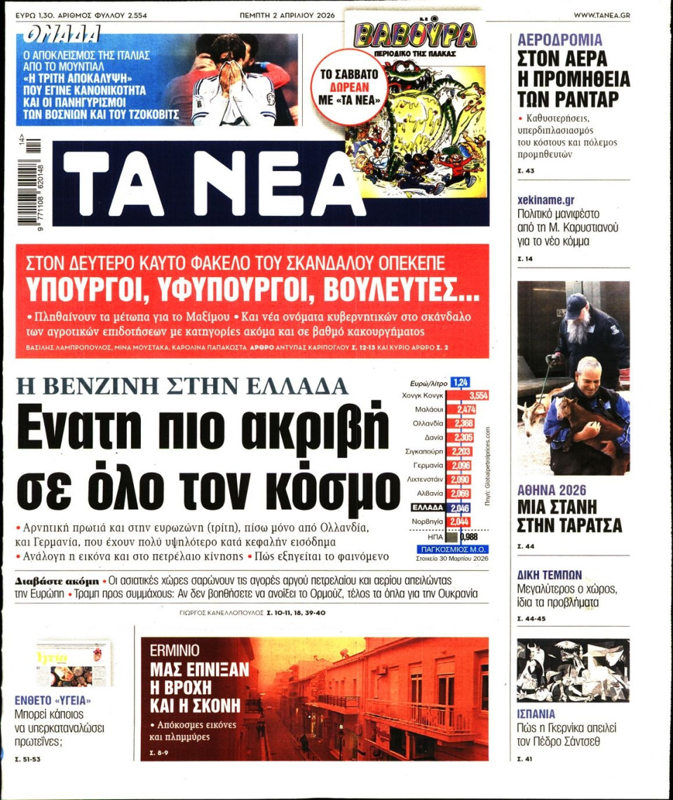 Πρωτοσέλιδο Εφημερίδας - Τα Νέα - 2026-04-02