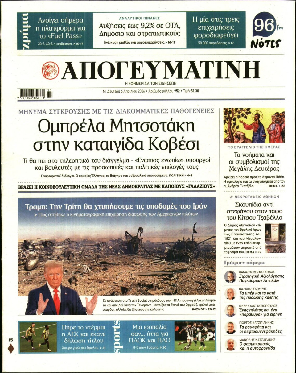 Πρωτοσέλιδο Εφημερίδας - Απογευματινή - 2026-04-06