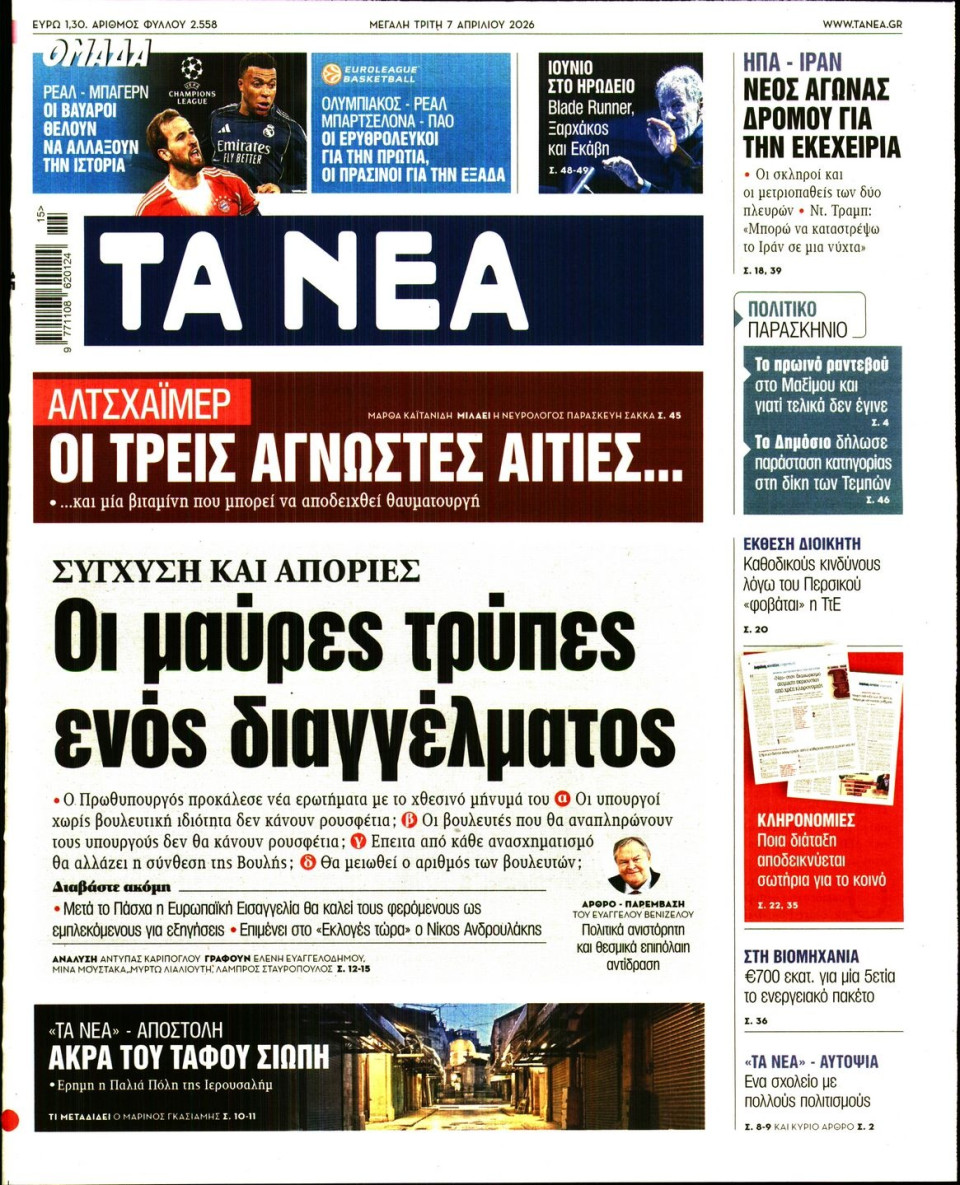 Πρωτοσέλιδο Εφημερίδας - Τα Νέα - 2026-04-07