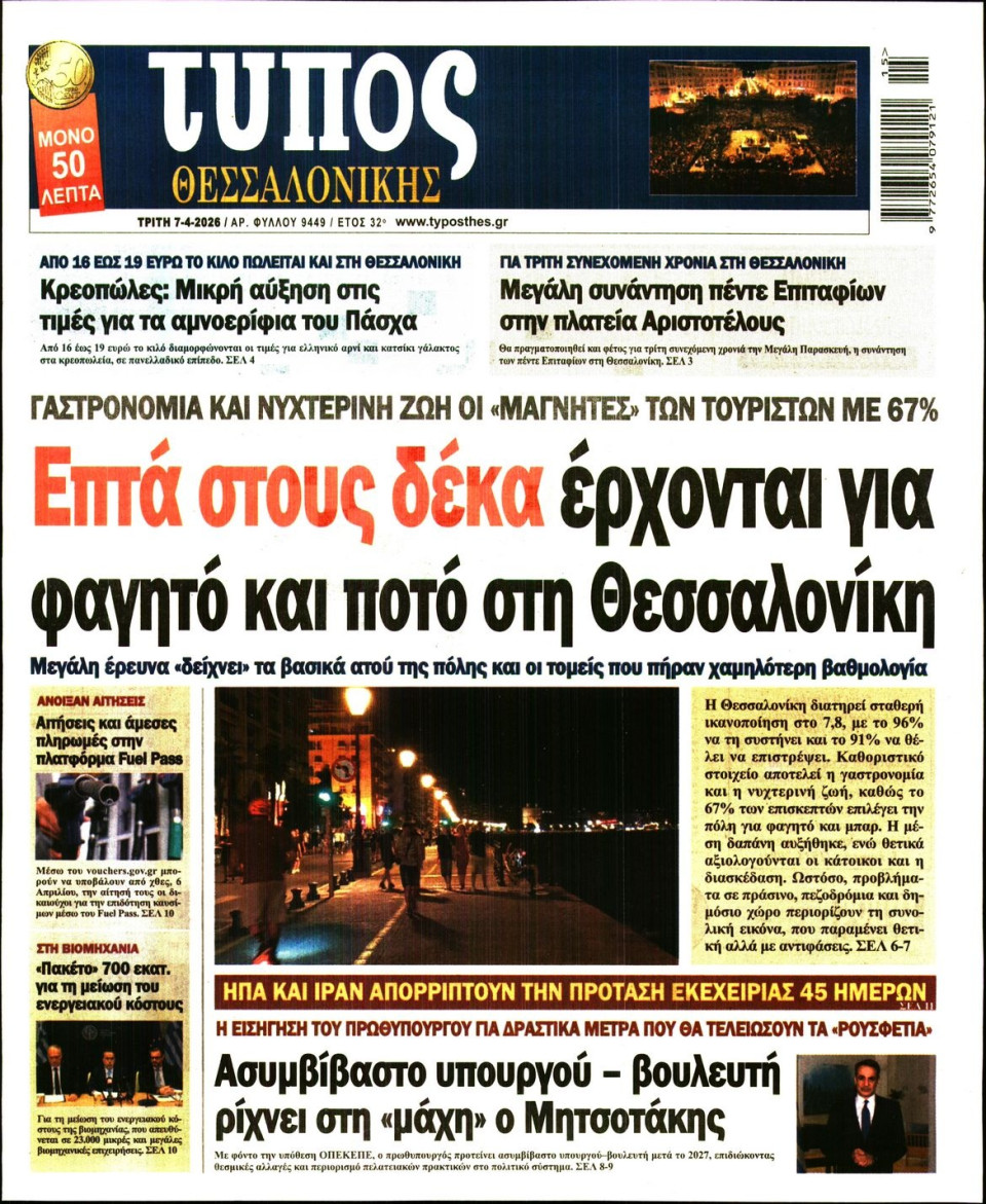 Πρωτοσέλιδο Εφημερίδας - Τύπος Θεσσαλονίκης - 2026-04-07