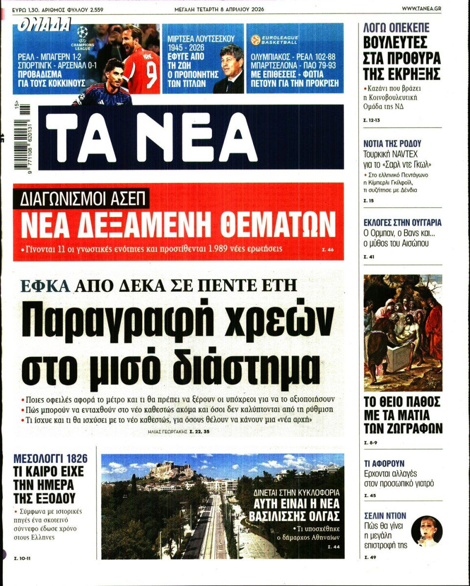 Πρωτοσέλιδο Εφημερίδας - Τα Νέα - 2026-04-08
