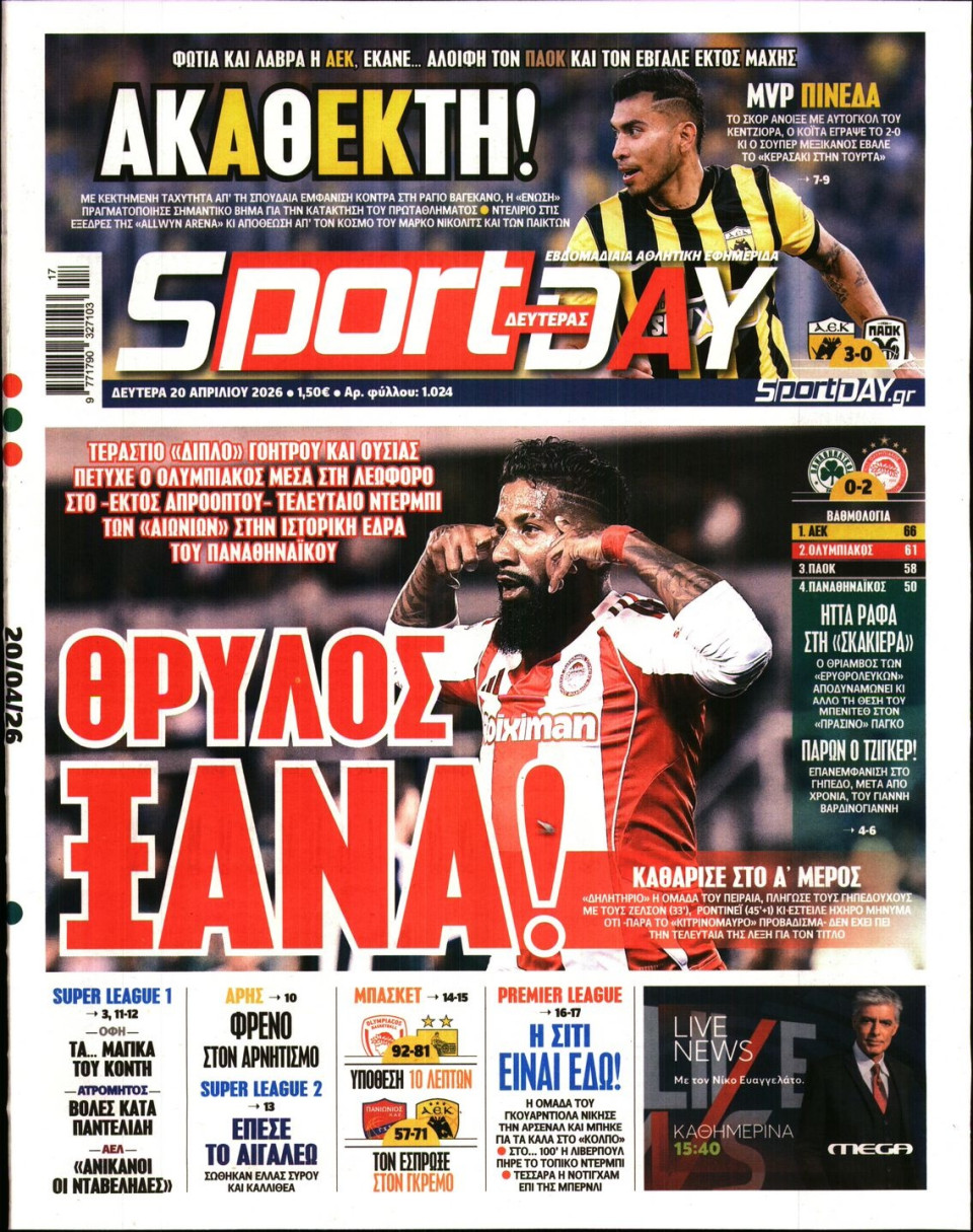 Πρωτοσέλιδο Εφημερίδας - Sportday - 2026-04-20