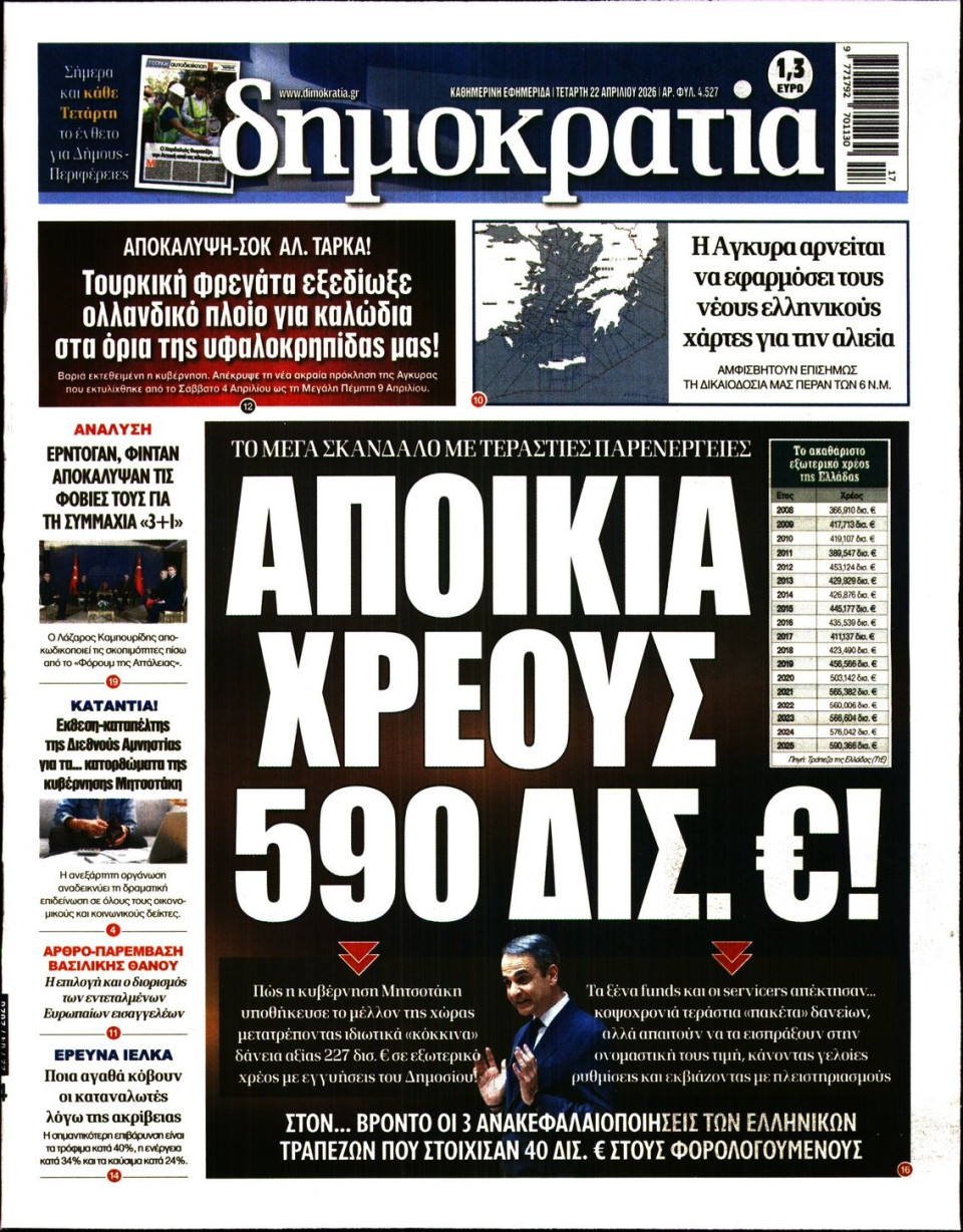 Πρωτοσέλιδο Εφημερίδας - ΔΗΜΟΚΡΑΤΙΑ - 2026-04-22