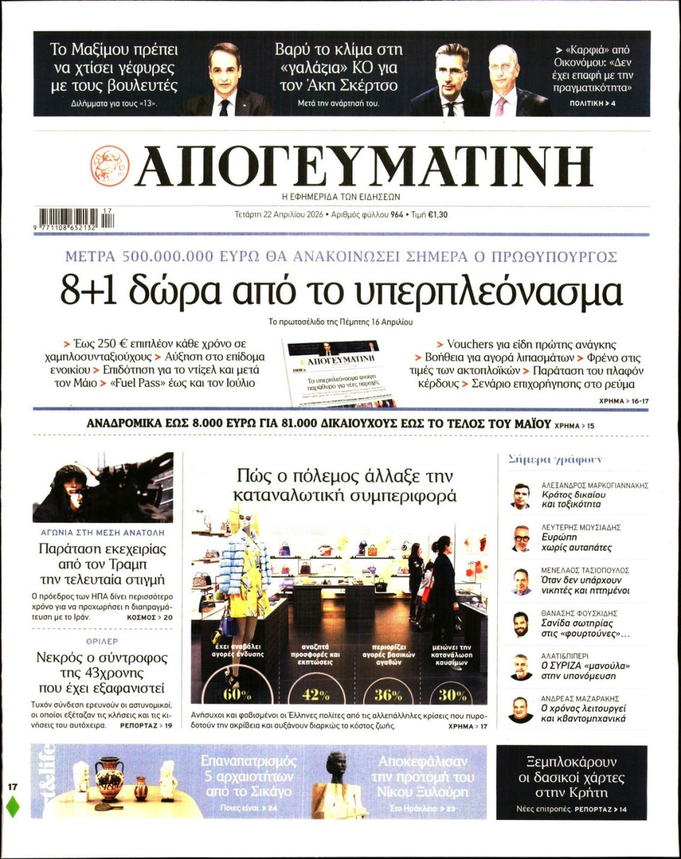 Πρωτοσέλιδο Εφημερίδας - Απογευματινή - 2026-04-22