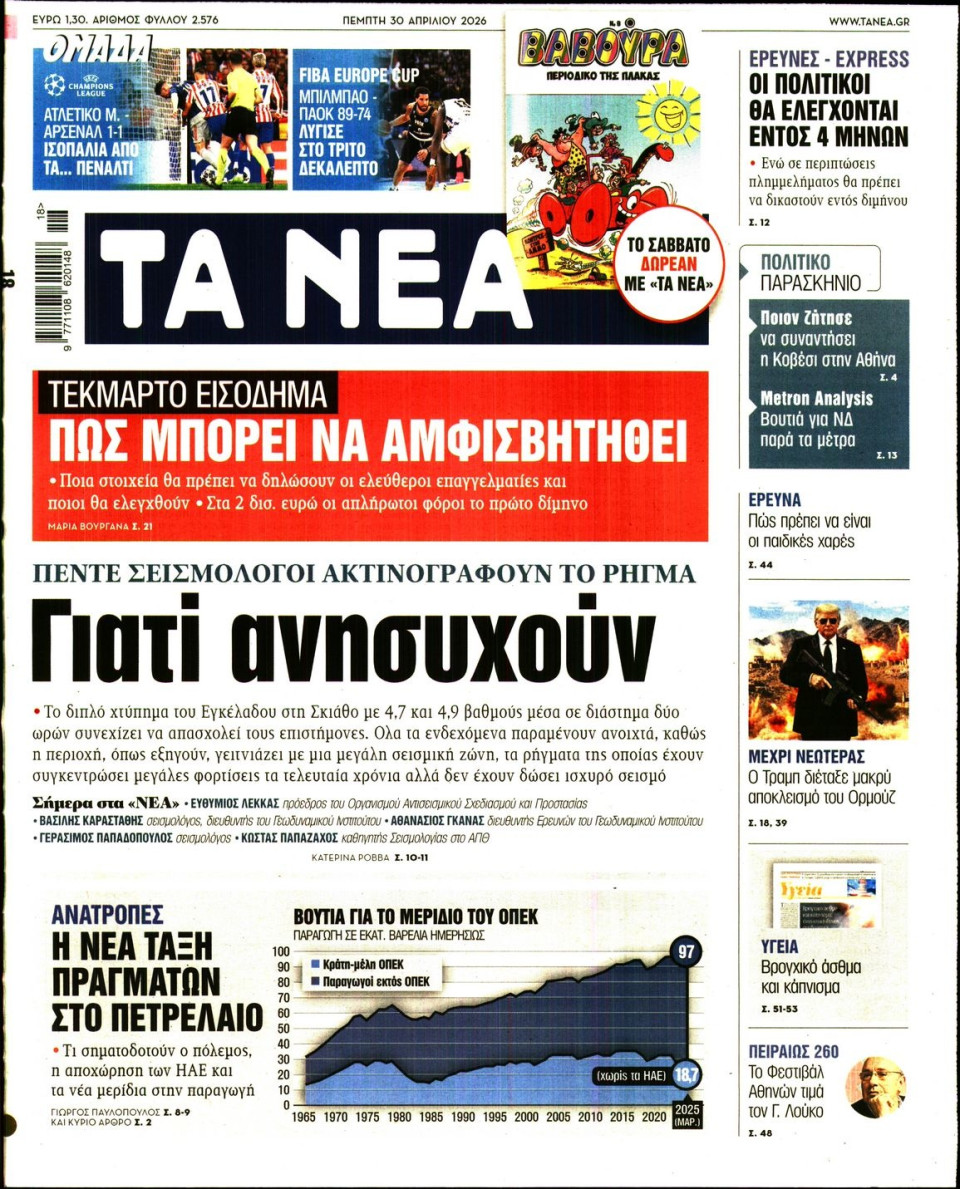 Πρωτοσέλιδο Εφημερίδας - Τα Νέα - 2026-04-30
