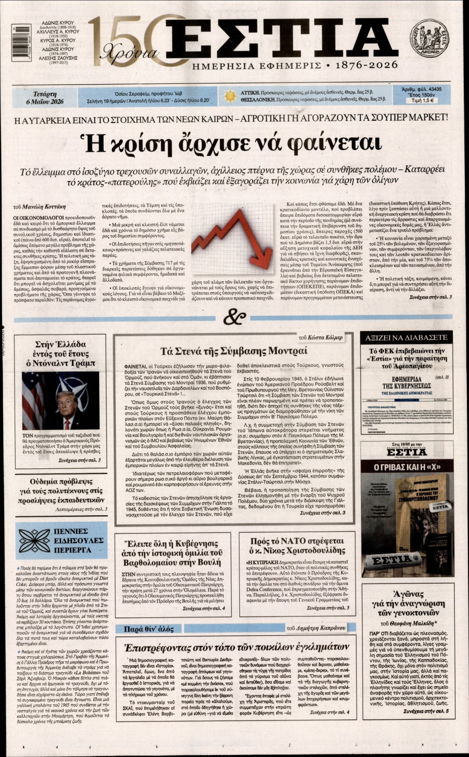 Πρωτοσέλιδο Εφημερίδας - Εστία - 2026-05-06