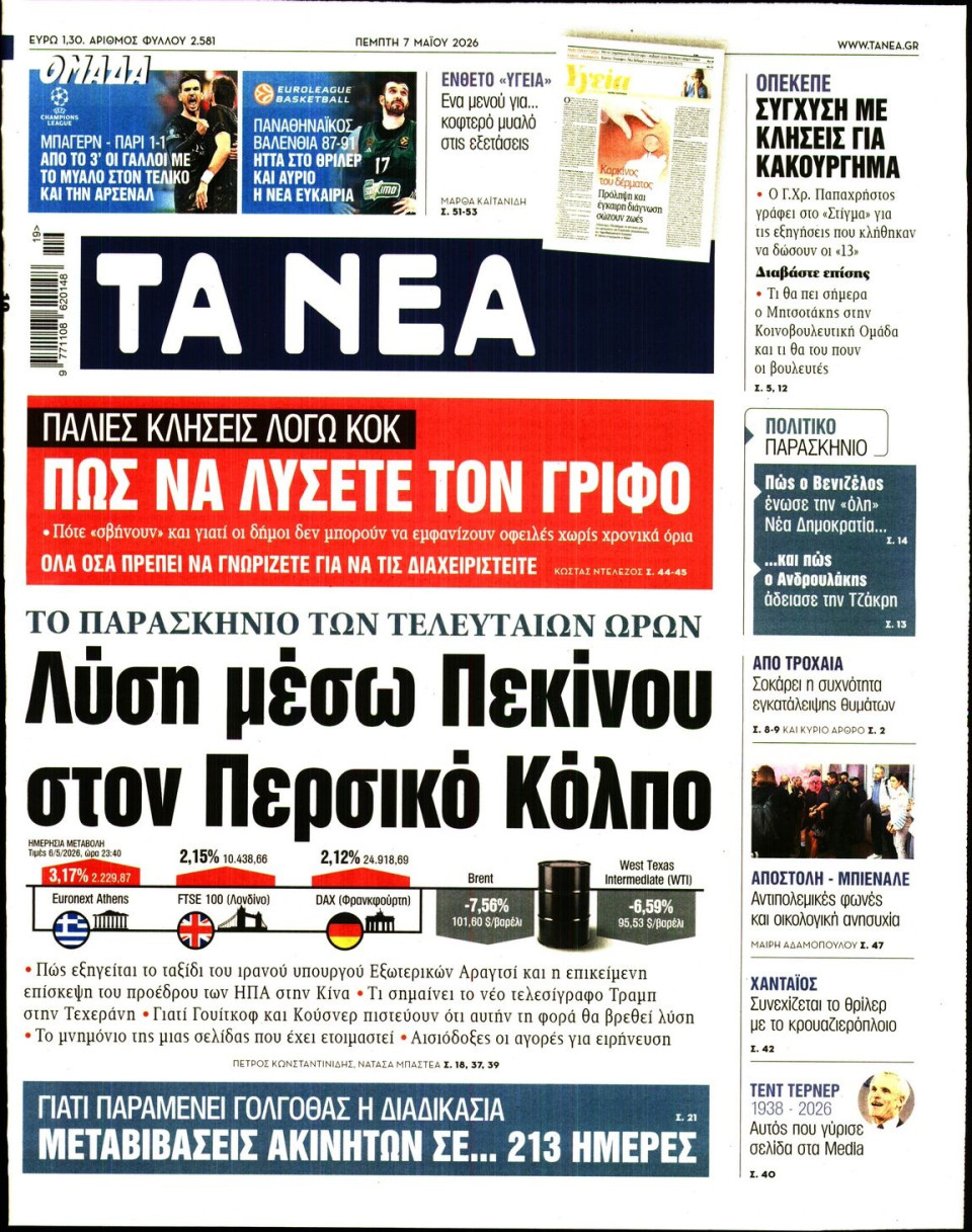 Πρωτοσέλιδο Εφημερίδας - Τα Νέα - 2026-05-07