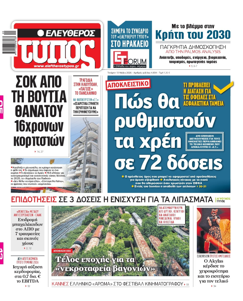 Πρωτοσέλιδο Εφημερίδας - Ελεύθερος Τύπος - 2026-05-13