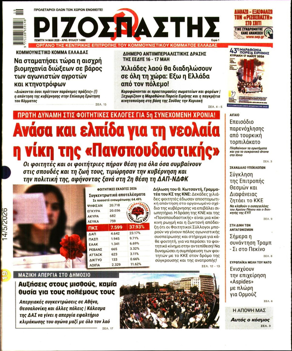 Πρωτοσέλιδο Εφημερίδας - Ριζοσπάστης - 2026-05-14