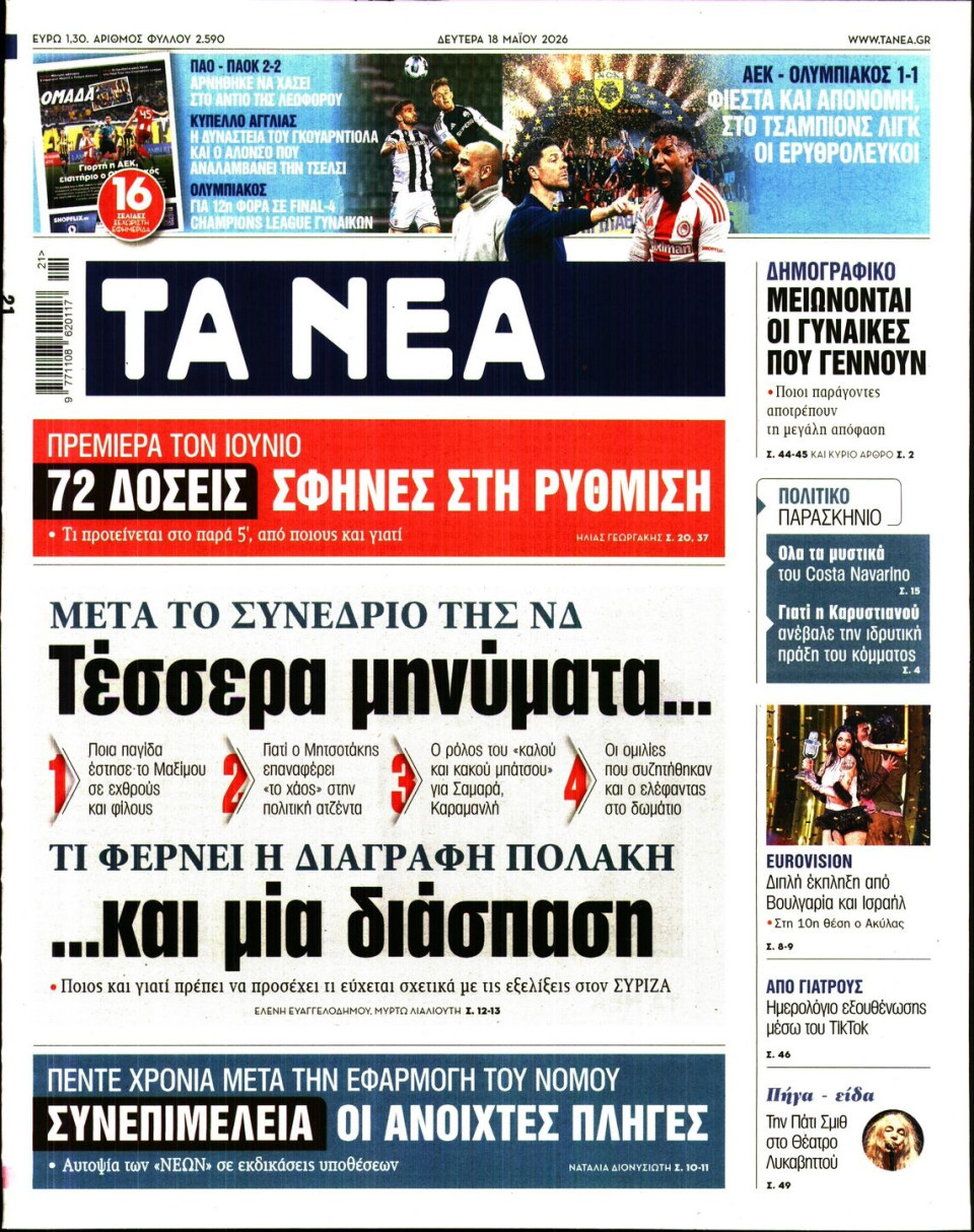Πρωτοσέλιδο Εφημερίδας - Τα Νέα - 2026-05-18