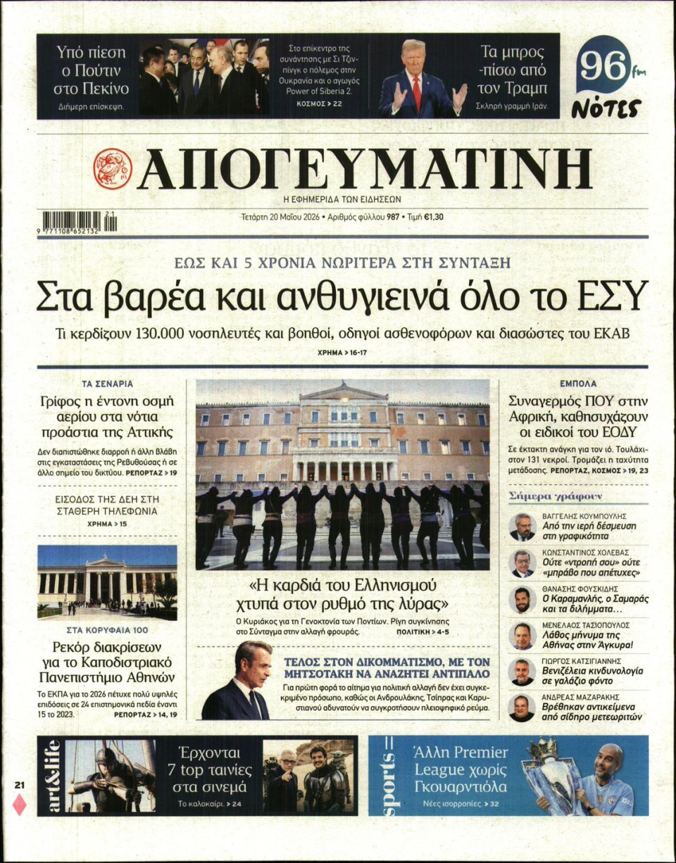 Πρωτοσέλιδο Εφημερίδας - Απογευματινή - 2026-05-20
