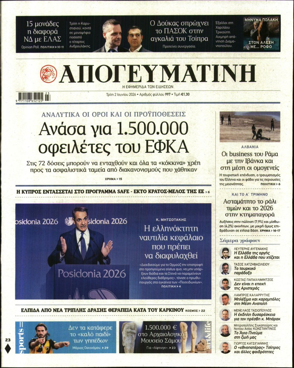 Πρωτοσέλιδο Εφημερίδας - Απογευματινή - 2026-06-02