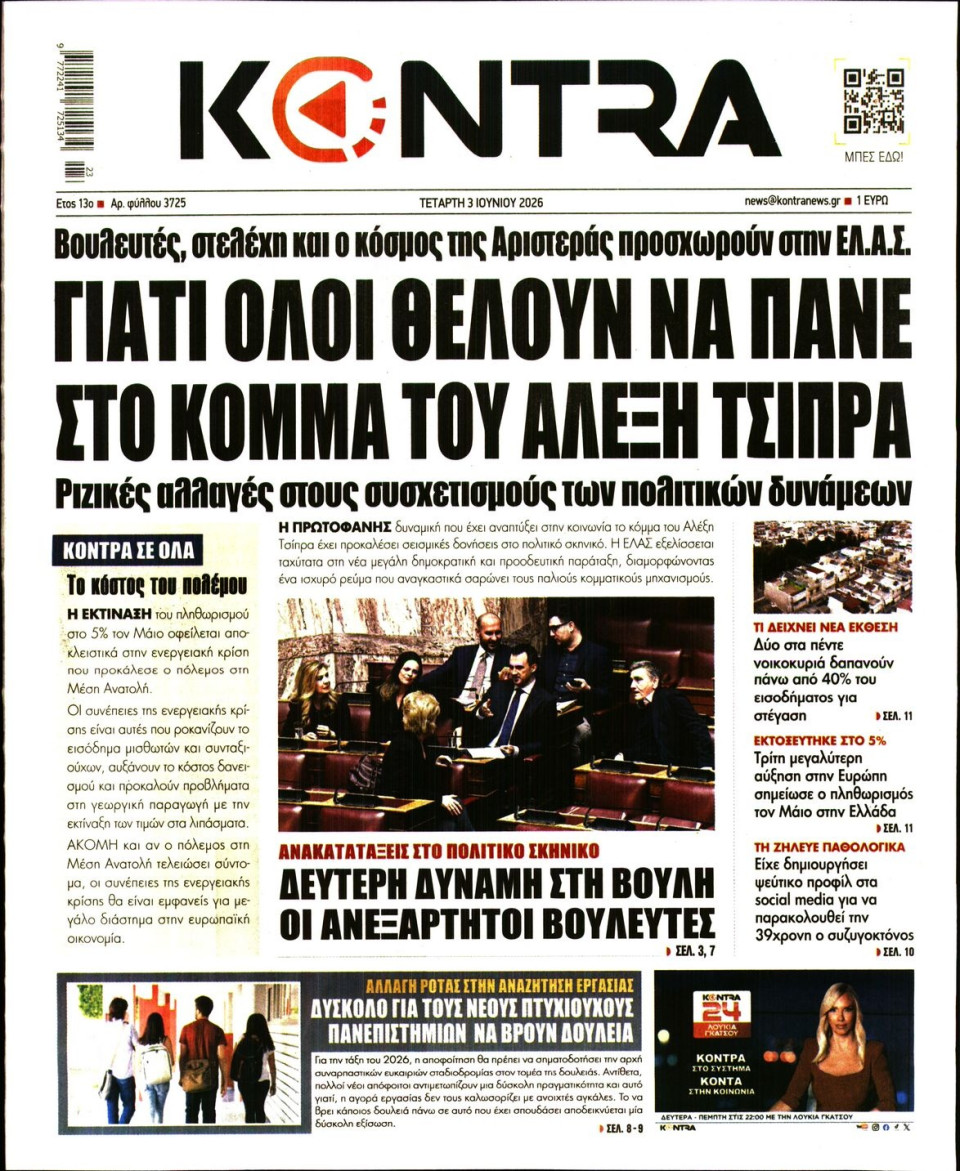 Πρωτοσέλιδο Εφημερίδας - Kontra News - 2026-06-03
