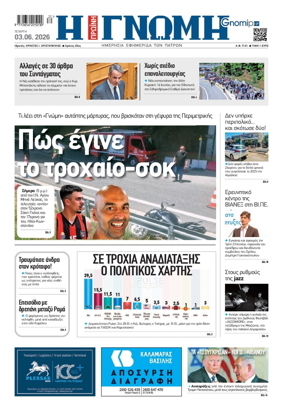 Πρωτοσέλιδο Εφημερίδας - Γνώμη Πατρών - 2026-06-03