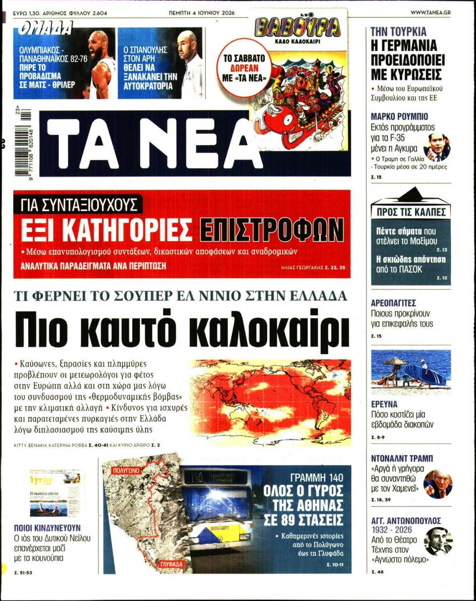 Πρωτοσέλιδο Εφημερίδας - Τα Νέα - 2026-06-04