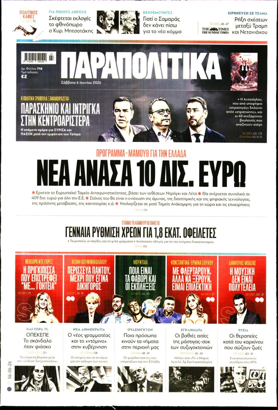 Πρωτοσέλιδο Εφημερίδας - Παραπολιτικά - 2026-06-06