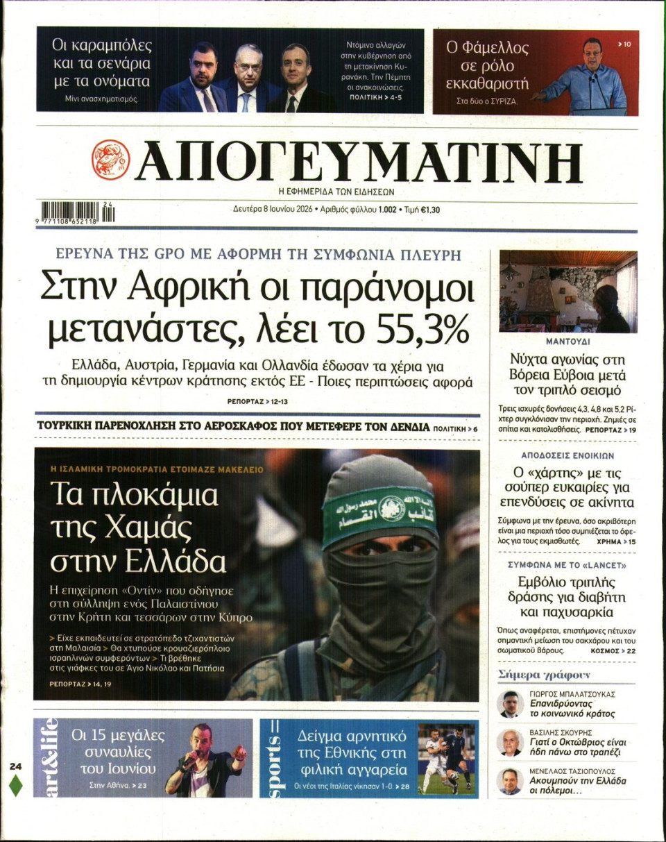Πρωτοσέλιδο Εφημερίδας - Απογευματινή - 2026-06-08