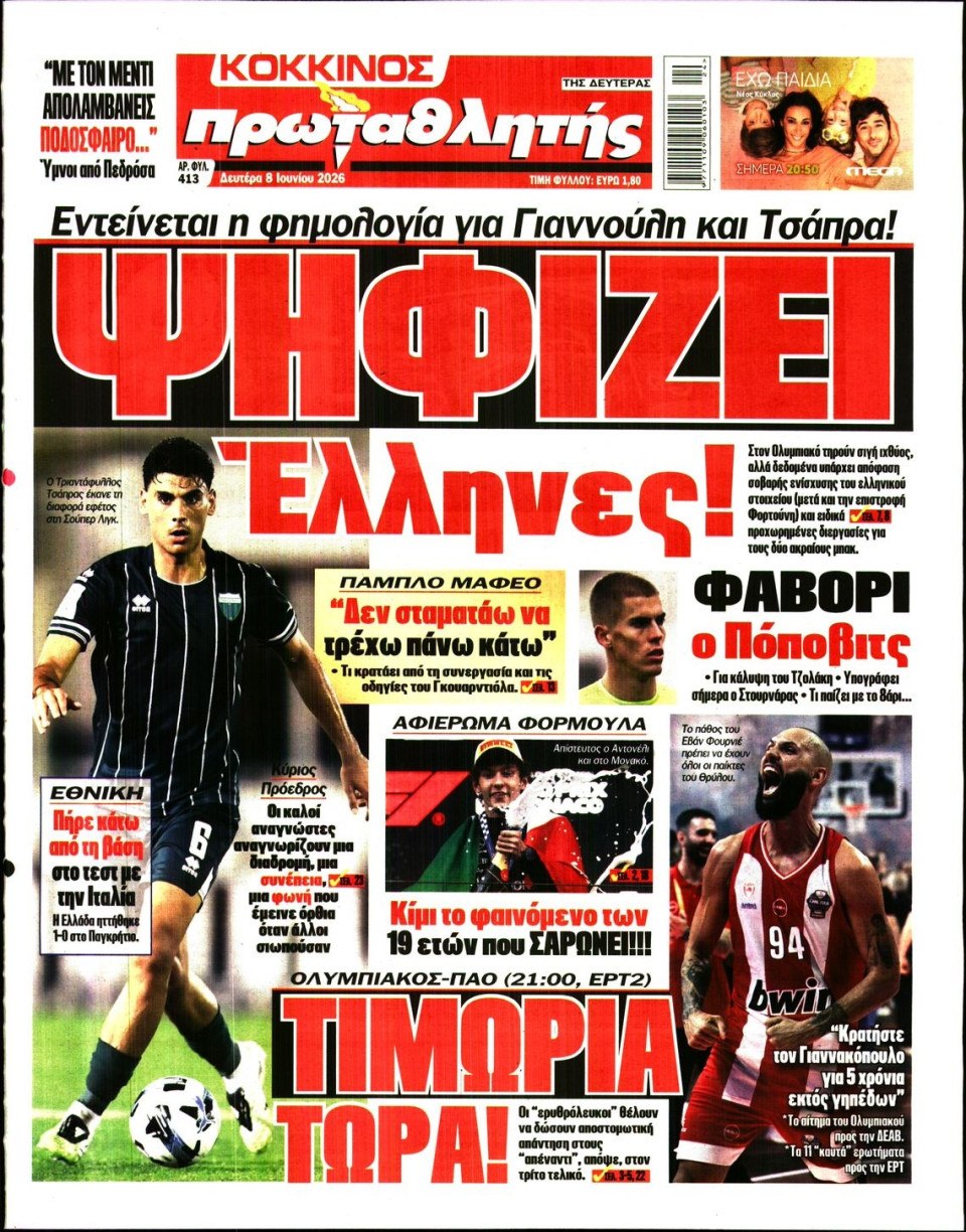 Πρωτοσέλιδο Εφημερίδας - Πρωταθλητής - 2026-06-08