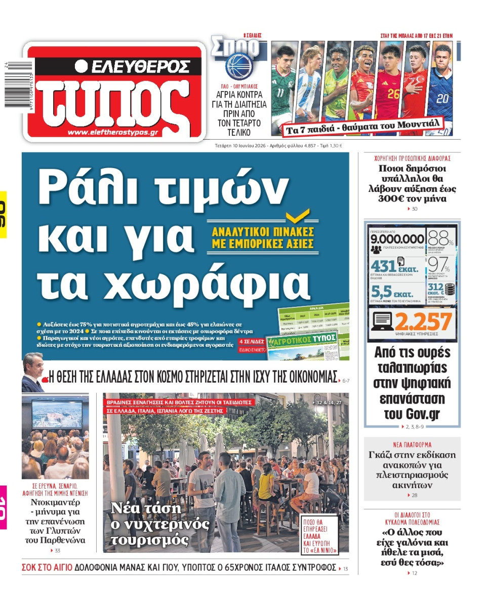 Πρωτοσέλιδο Εφημερίδας - Ελεύθερος Τύπος - 2026-06-10