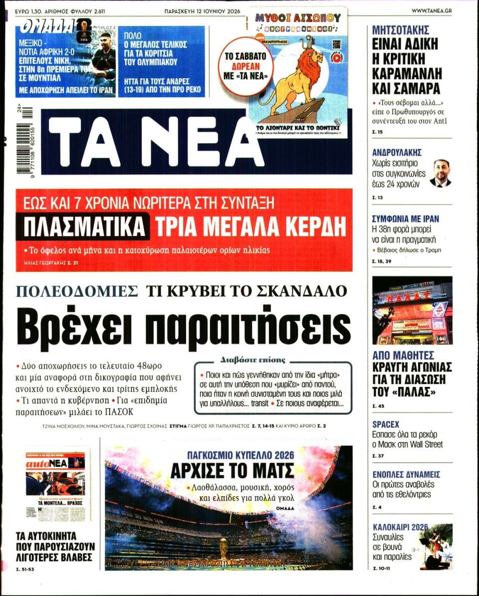 Πρωτοσέλιδο Εφημερίδας - Τα Νέα - 2026-06-12