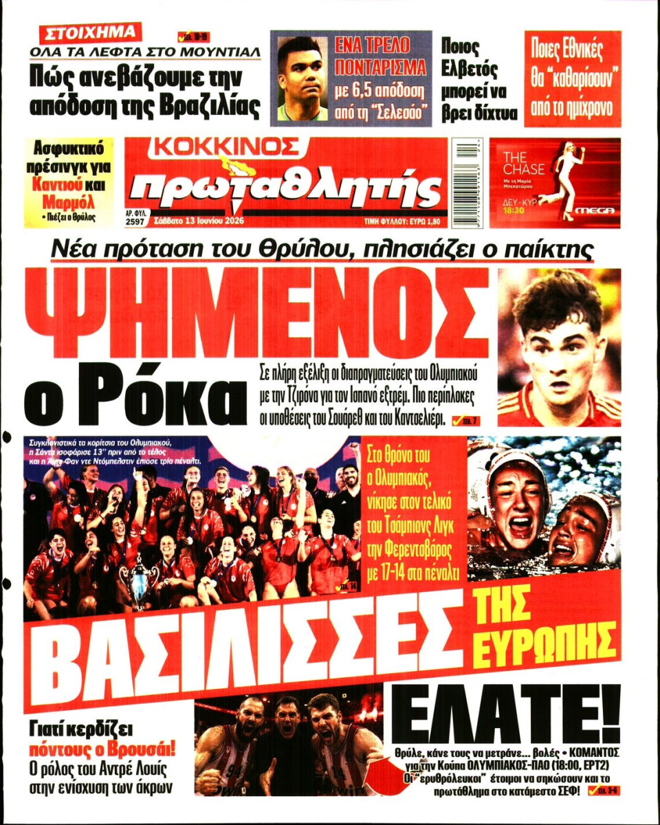 Πρωτοσέλιδο Εφημερίδας - Πρωταθλητής - 2026-06-13
