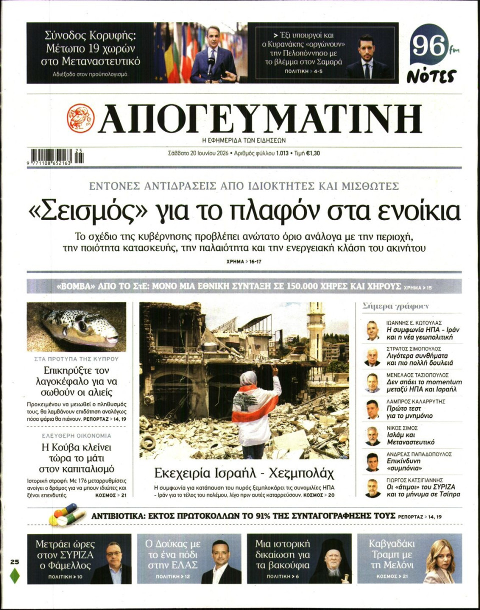 Πρωτοσέλιδο Εφημερίδας - Απογευματινή - 2026-06-20