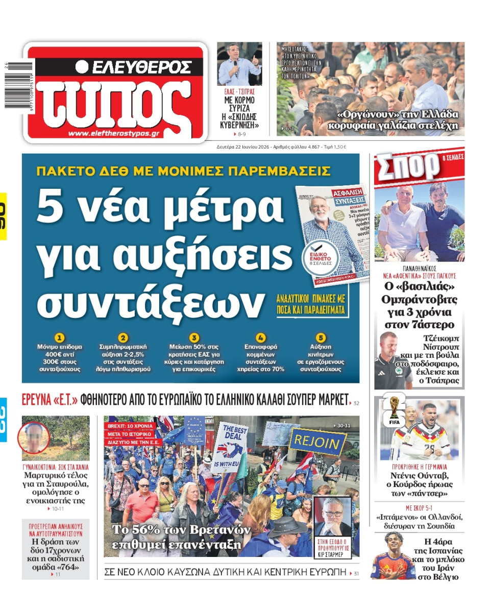 Πρωτοσέλιδο Εφημερίδας - Ελεύθερος Τύπος - 2026-06-22