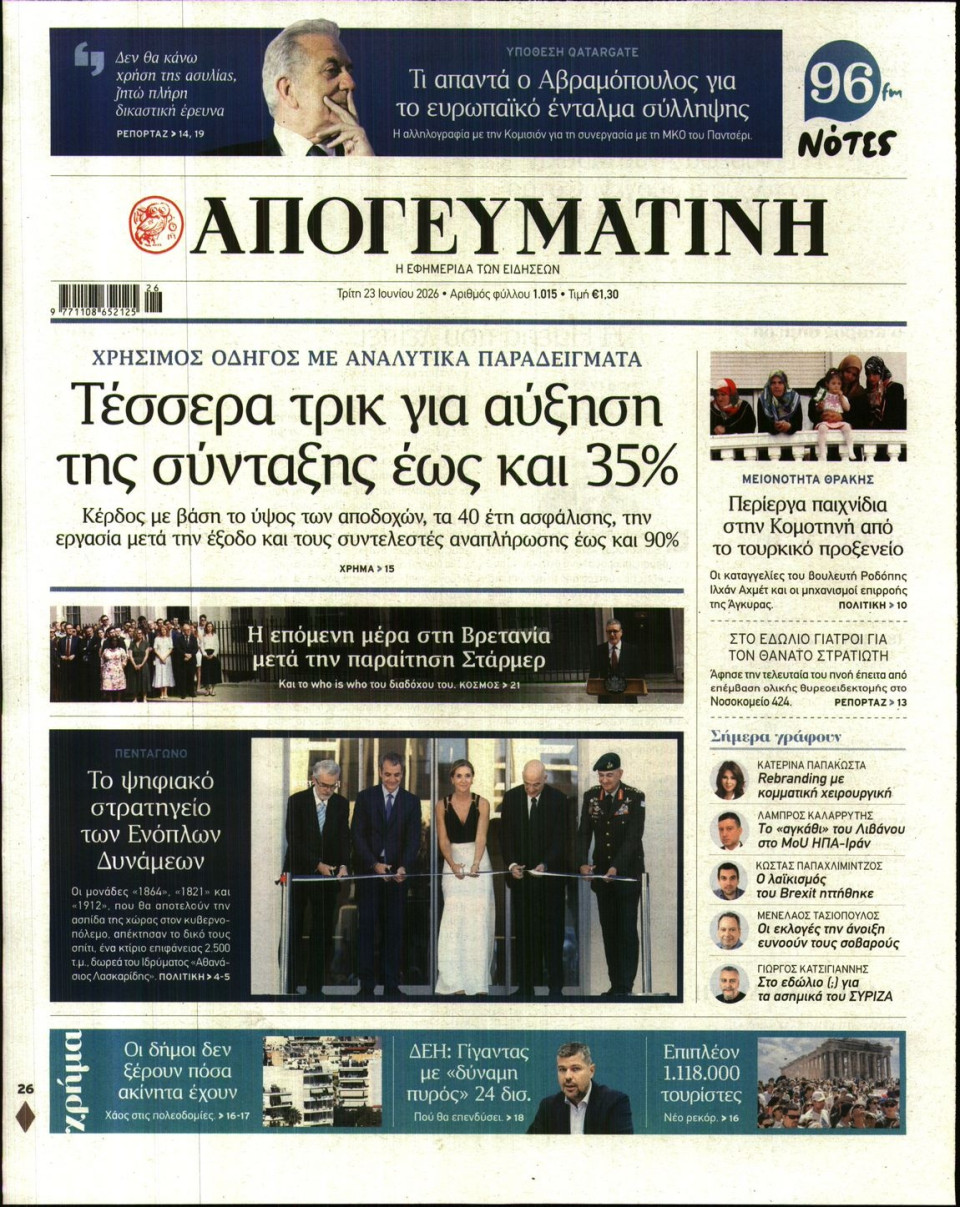 Πρωτοσέλιδο Εφημερίδας - Απογευματινή - 2026-06-23