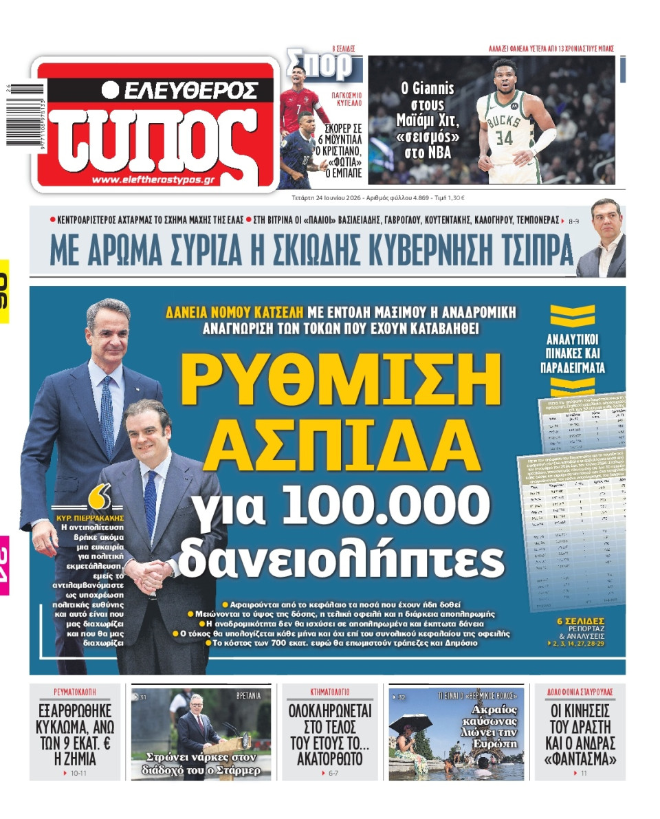 Πρωτοσέλιδο Εφημερίδας - Ελεύθερος Τύπος - 2026-06-24