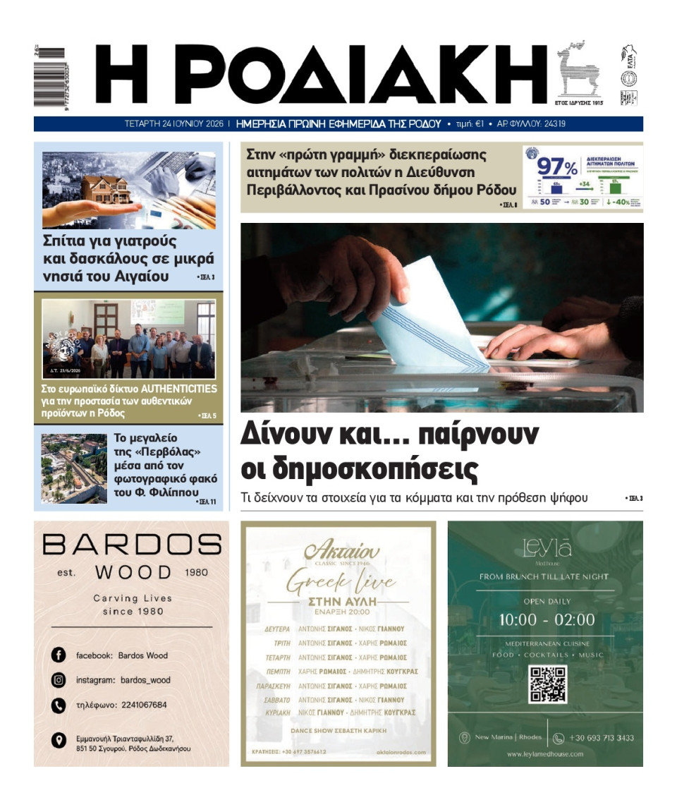 Πρωτοσέλιδο Εφημερίδας - Ροδιακή - 2026-06-24