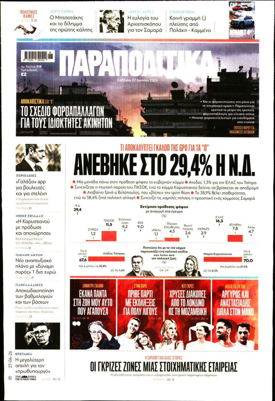 Πρωτοσέλιδο Εφημερίδας - Παραπολιτικά - 2026-06-27
