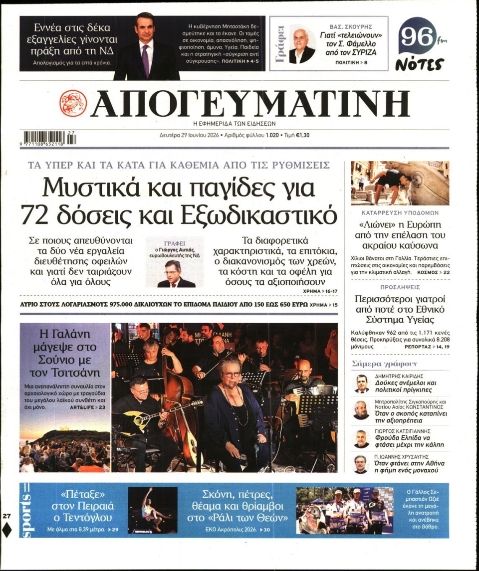 Πρωτοσέλιδο Εφημερίδας - Απογευματινή - 2026-06-29