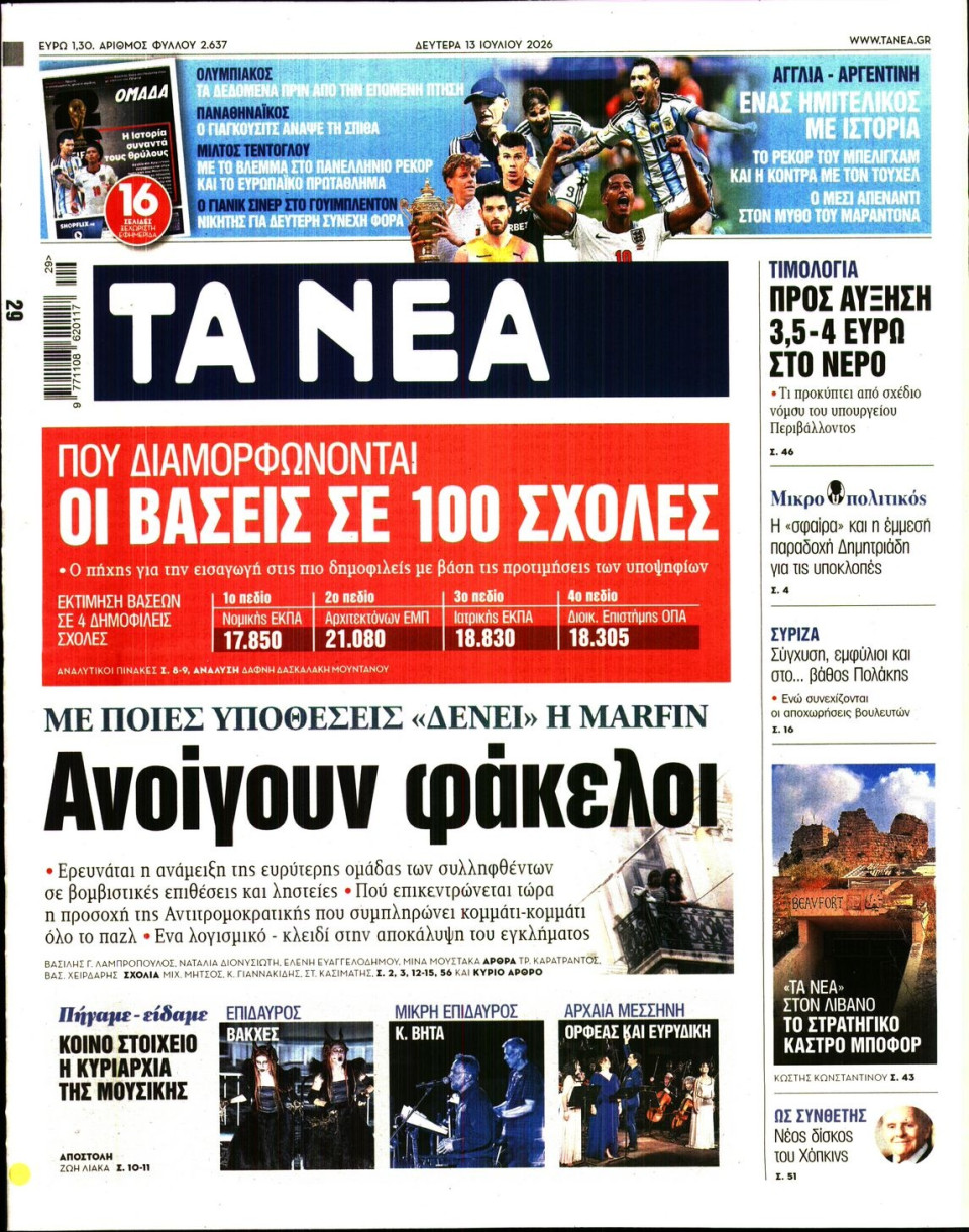 Πρωτοσέλιδο Εφημερίδας - Τα Νέα - 2026-07-13