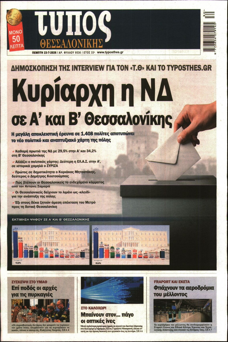 Πρωτοσέλιδο Εφημερίδας - Τύπος Θεσσαλονίκης - 2026-07-23