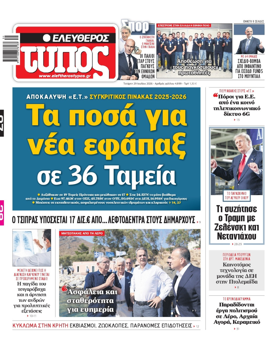 Πρωτοσέλιδο Εφημερίδας - Ελεύθερος Τύπος - 2026-07-29
