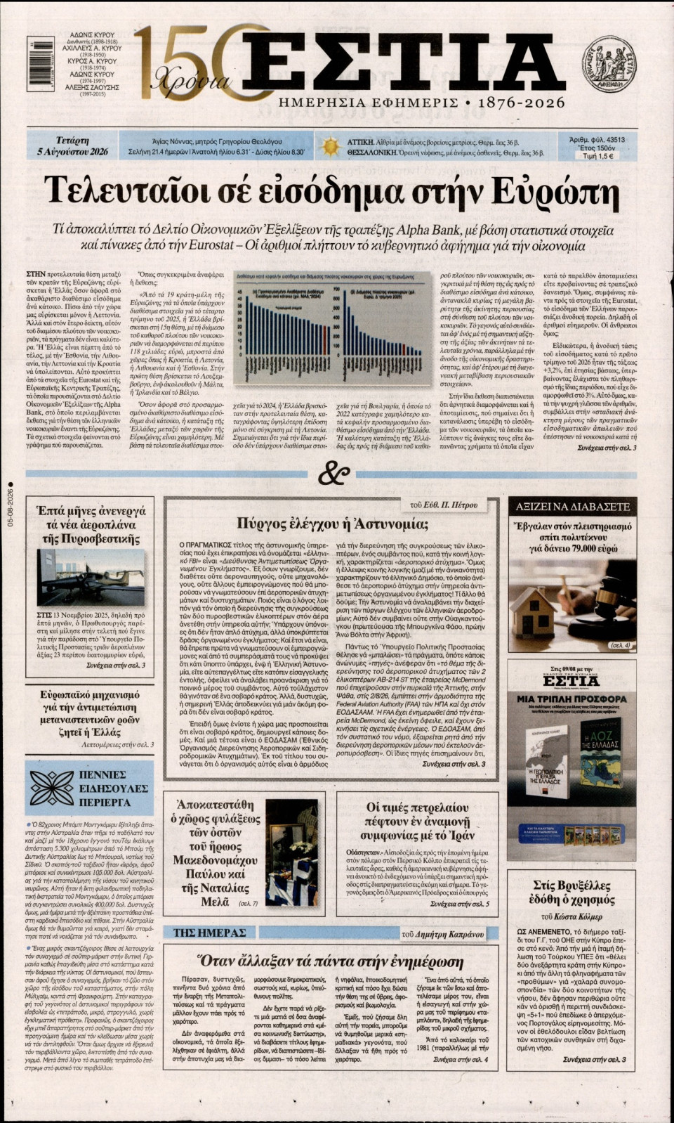 Πρωτοσέλιδο Εφημερίδας - Εστία - 2026-08-05