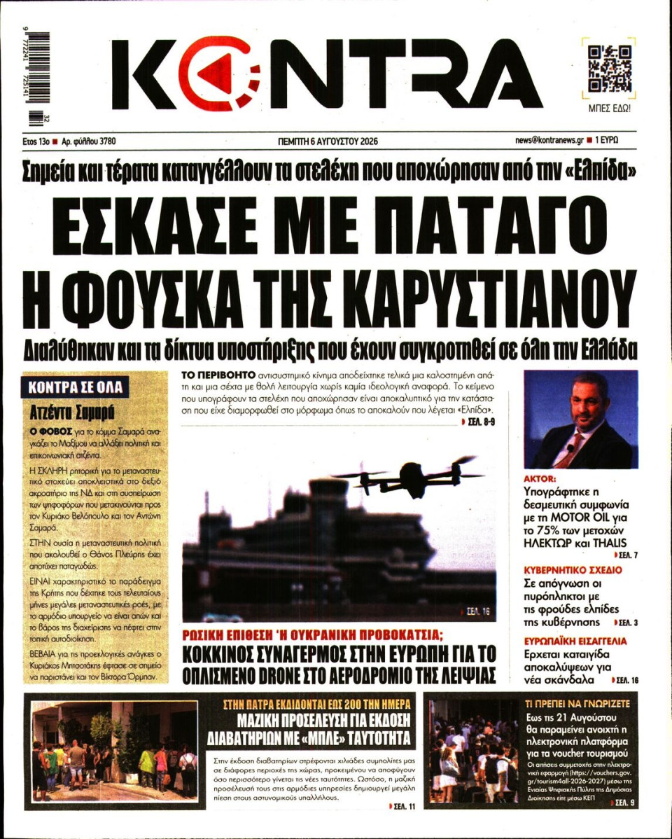 Πρωτοσέλιδο Εφημερίδας - Kontra News - 2026-08-06