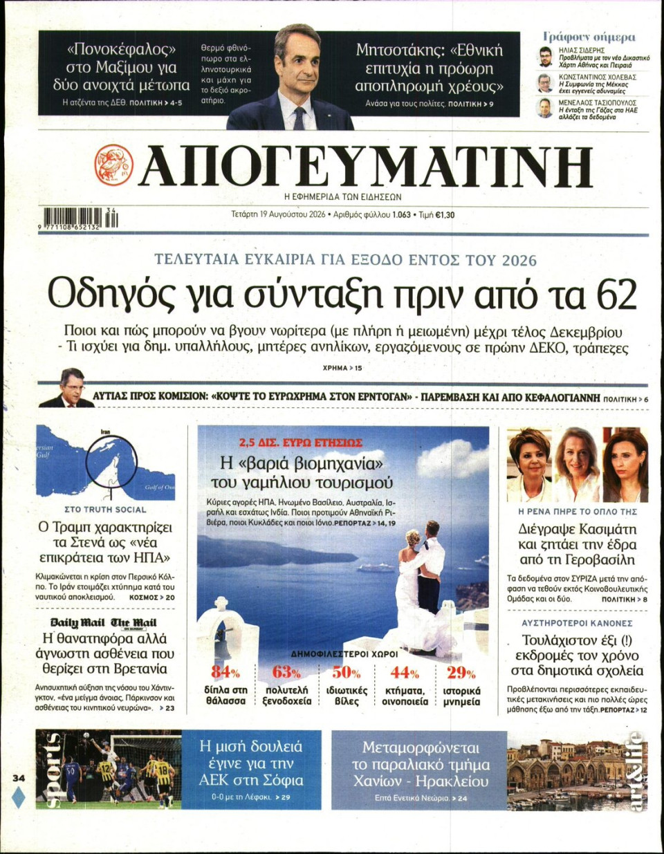 Πρωτοσέλιδο Εφημερίδας - Απογευματινή - 2026-08-19